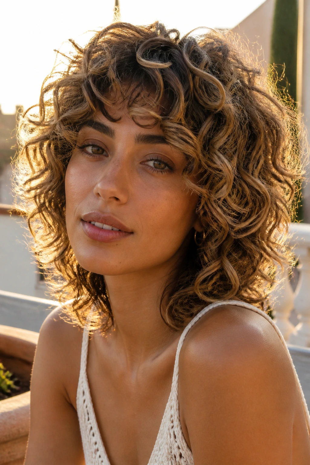 Real woman with olive skin wearing curly shag with golden halo highlights