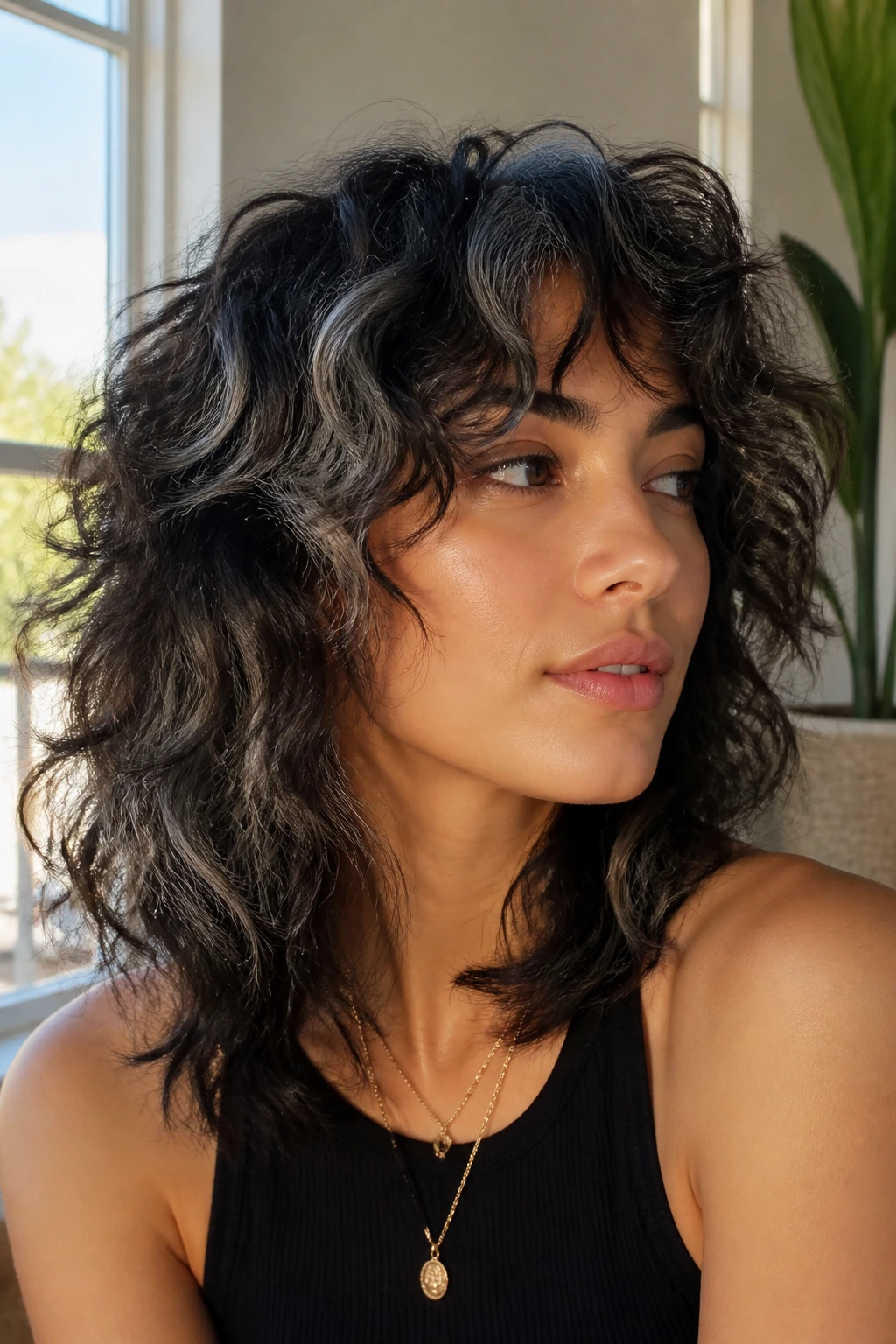 Portrait of a person with curly shag and pewter-toned ribbons in curls.