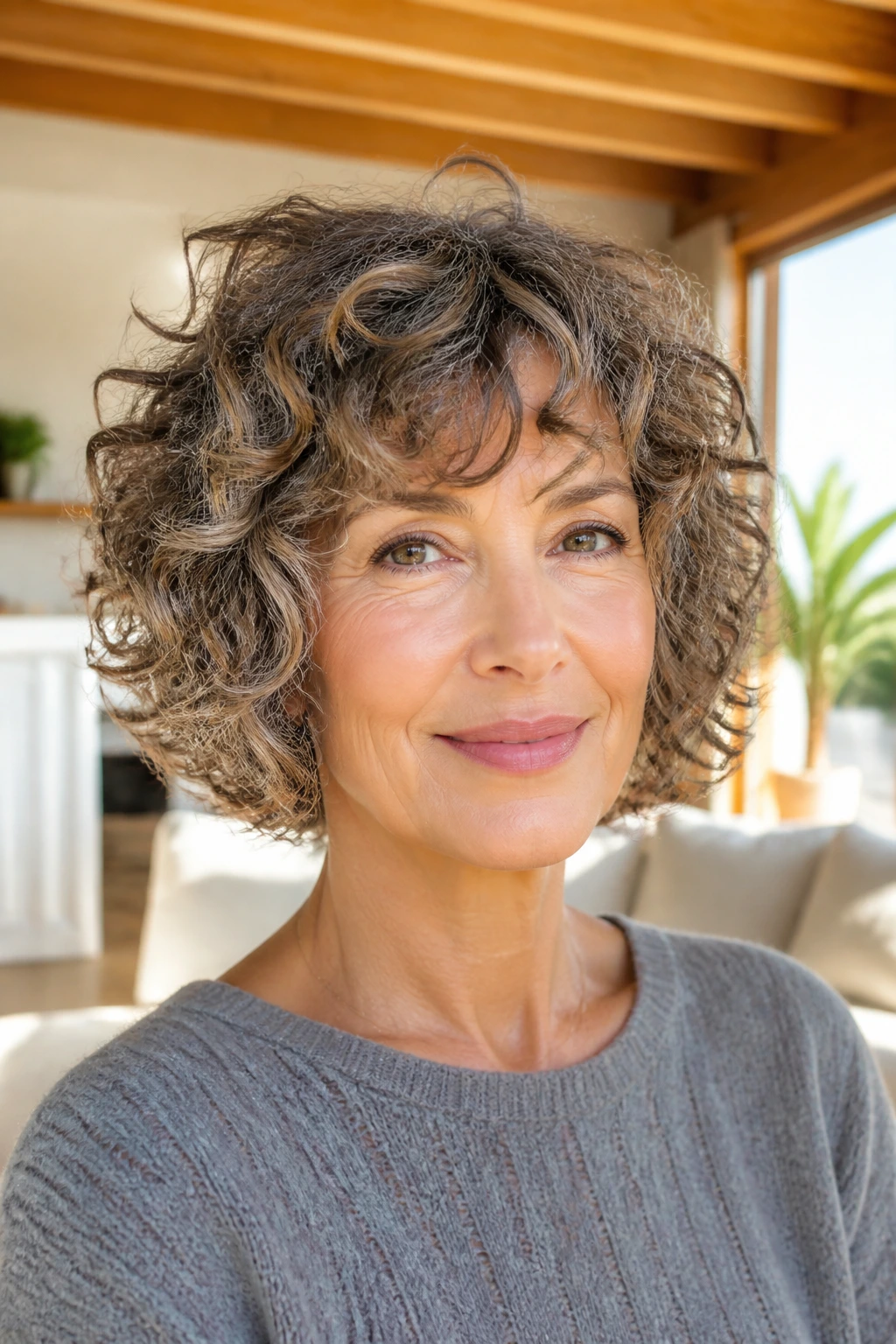 Close-up of a real woman with curly chin-length shag showing lively curls near the chin.