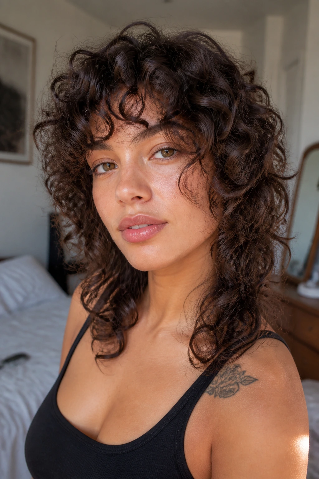 Portrait of a real woman with a curly shag haircut and face-framing layers in warm window light