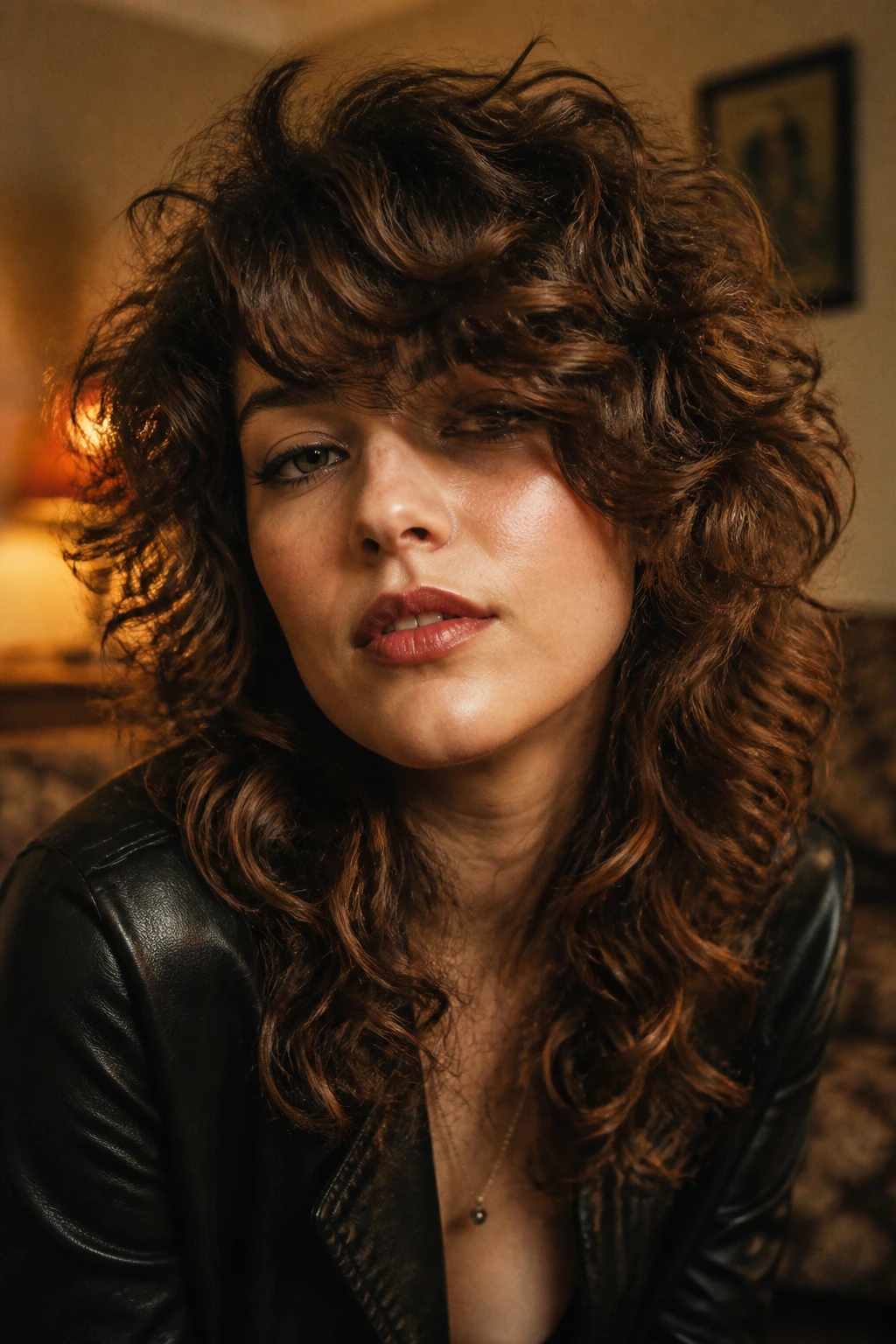 Close-up portrait of a real woman with curly shag and heavy side sweep.