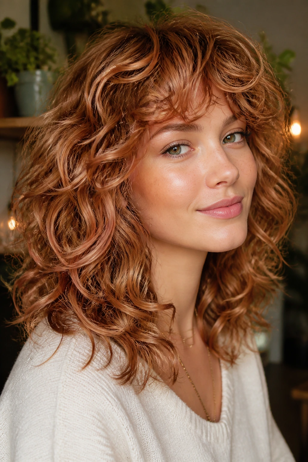 Close-up of curly shag hairstyle with rose-gold depth on a real person