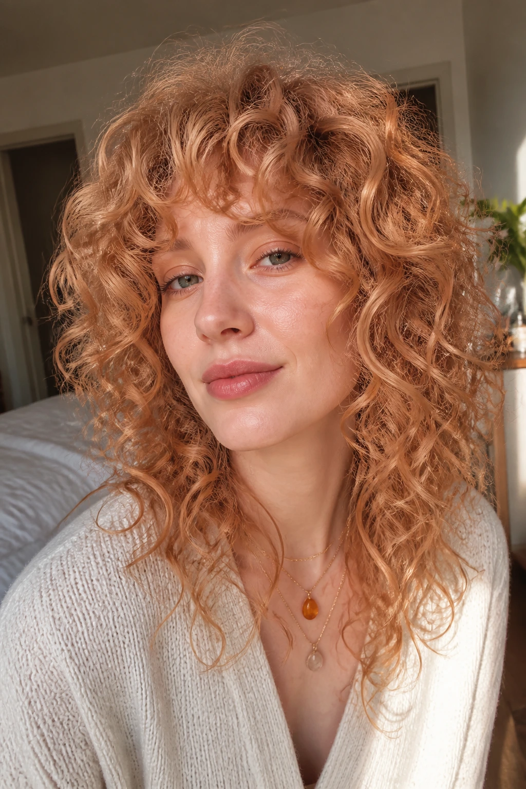 Close-up portrait of a real woman with curly strawberry-blonde hair showing rose-peach tones in the curls on pale skin