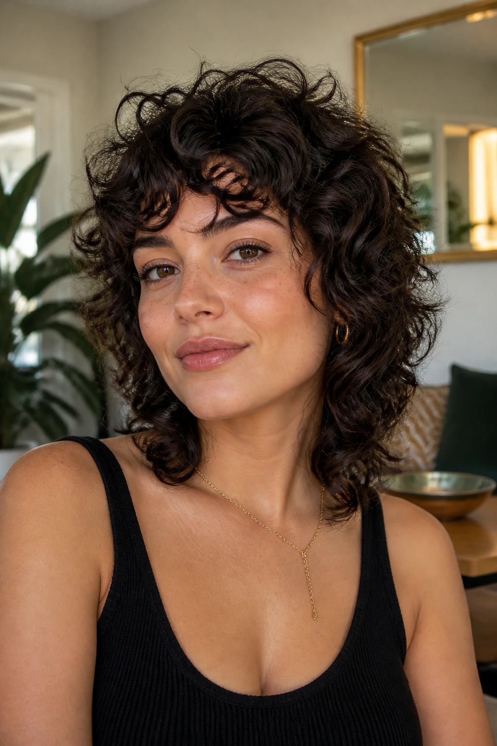Portrait of a real person with curly shag for round face