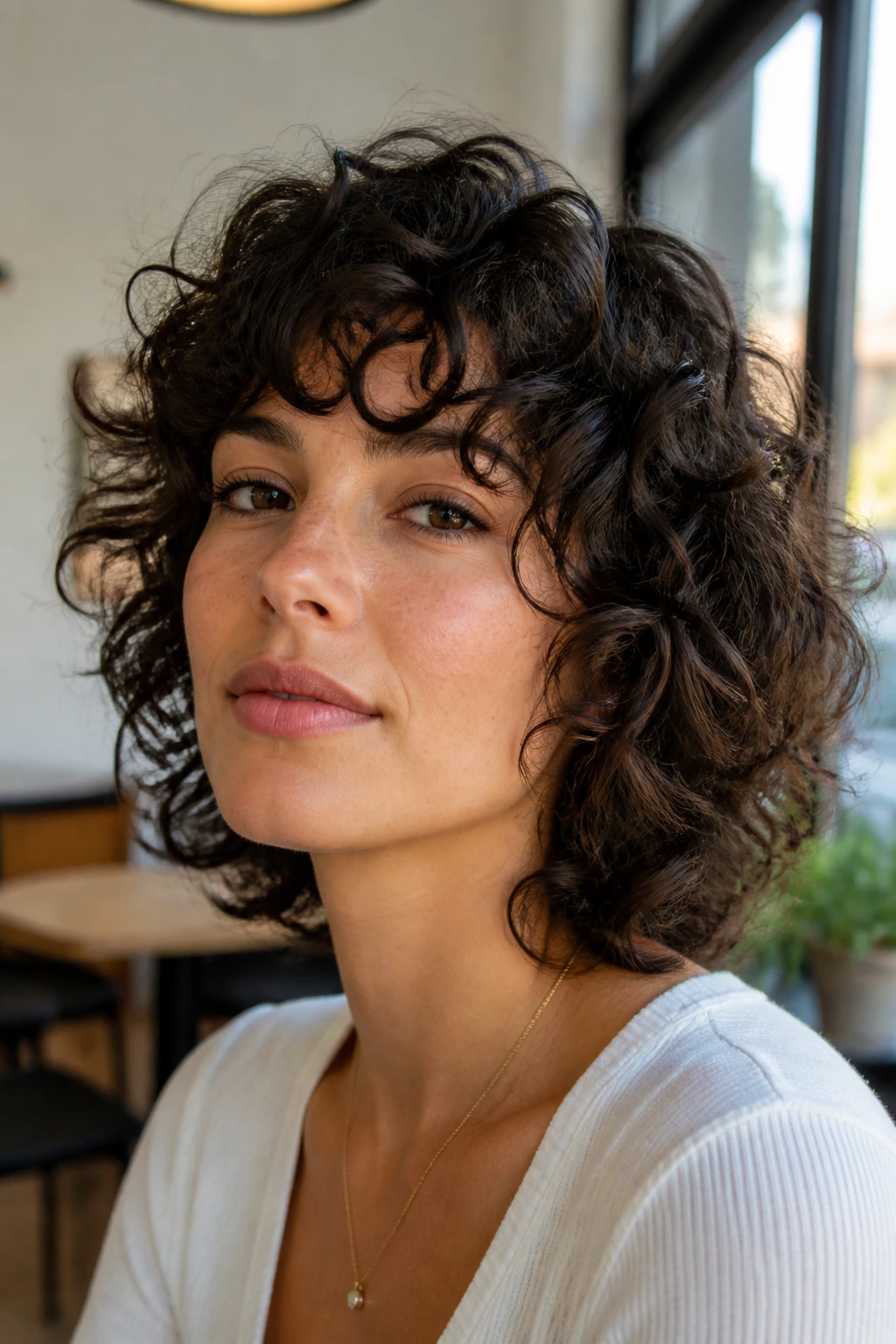 Portrait of rounded curly shag hairstyle on a real person