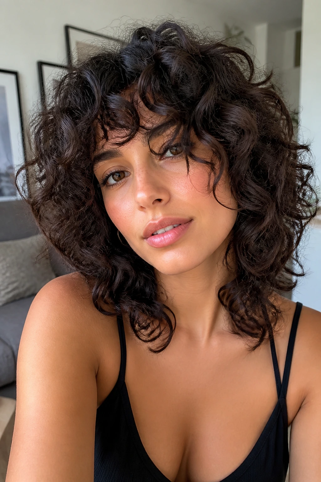 Close-up of a real person with curly shag featuring rounded shape and long fringe