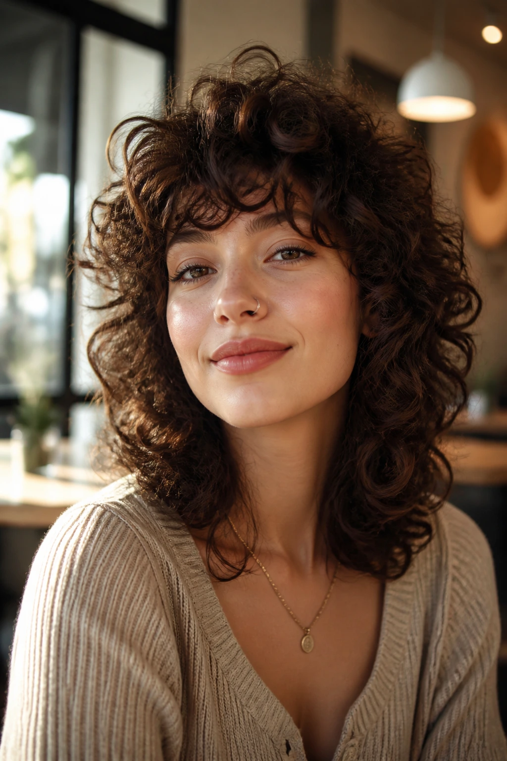 Close-up of real woman with curly shag and rounded layers.