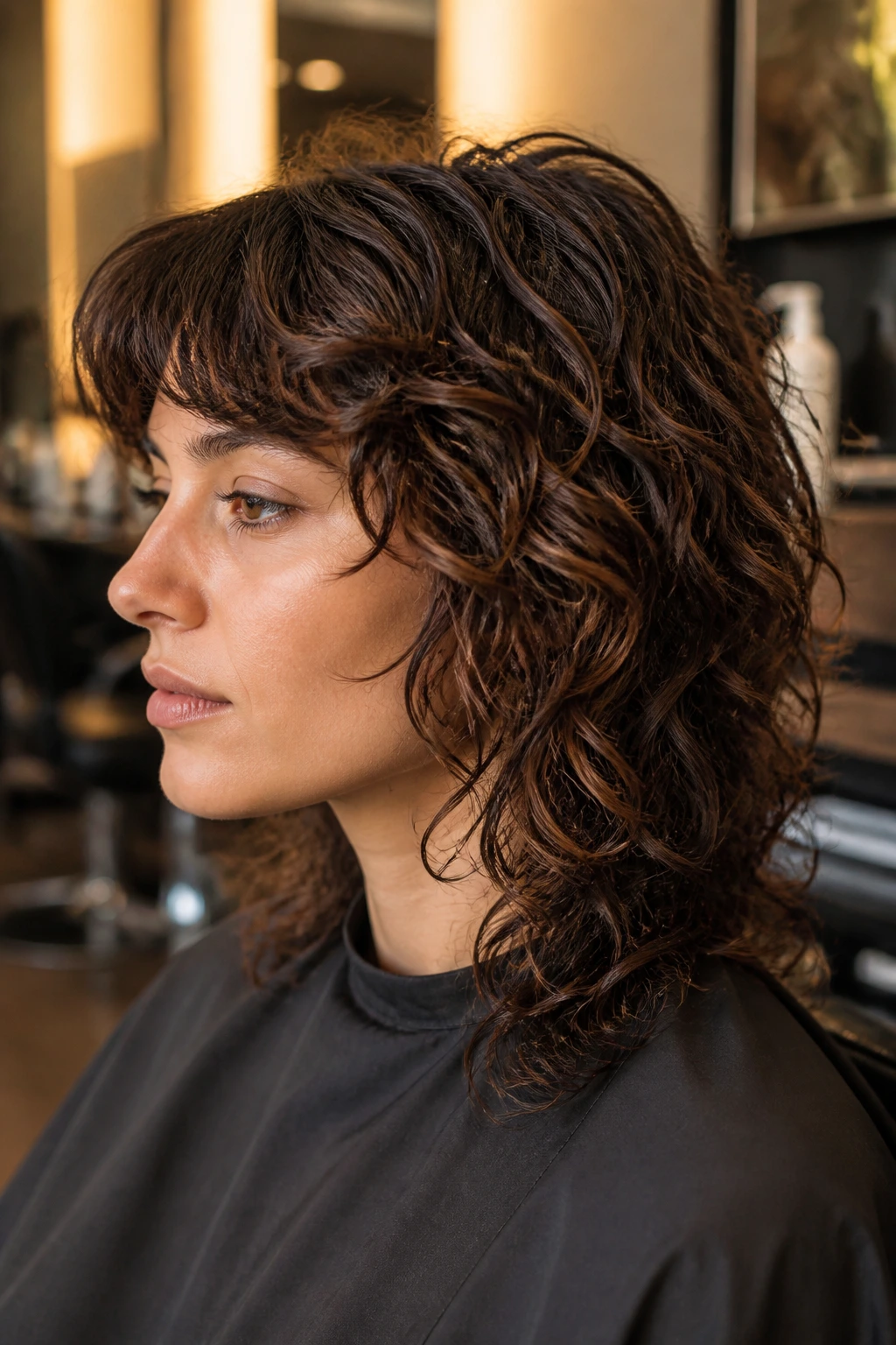 Real woman in salon chair showing side-swept bangs and curly shag profile