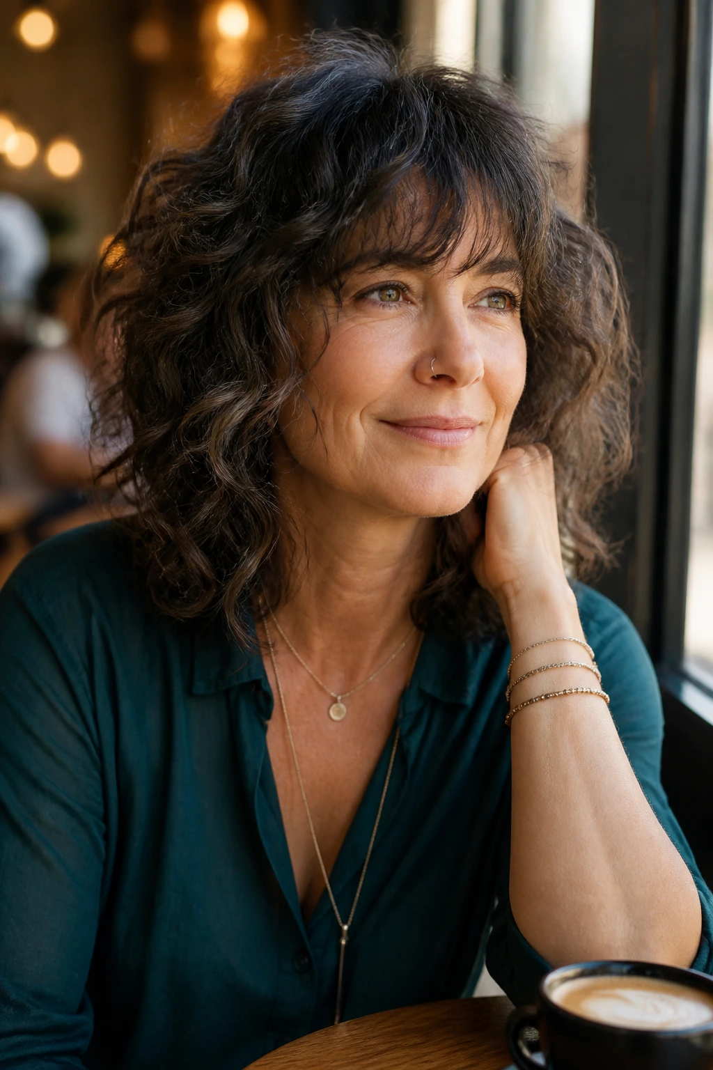 Close-up of a woman with shoulder-length curly shag in a cafe setting