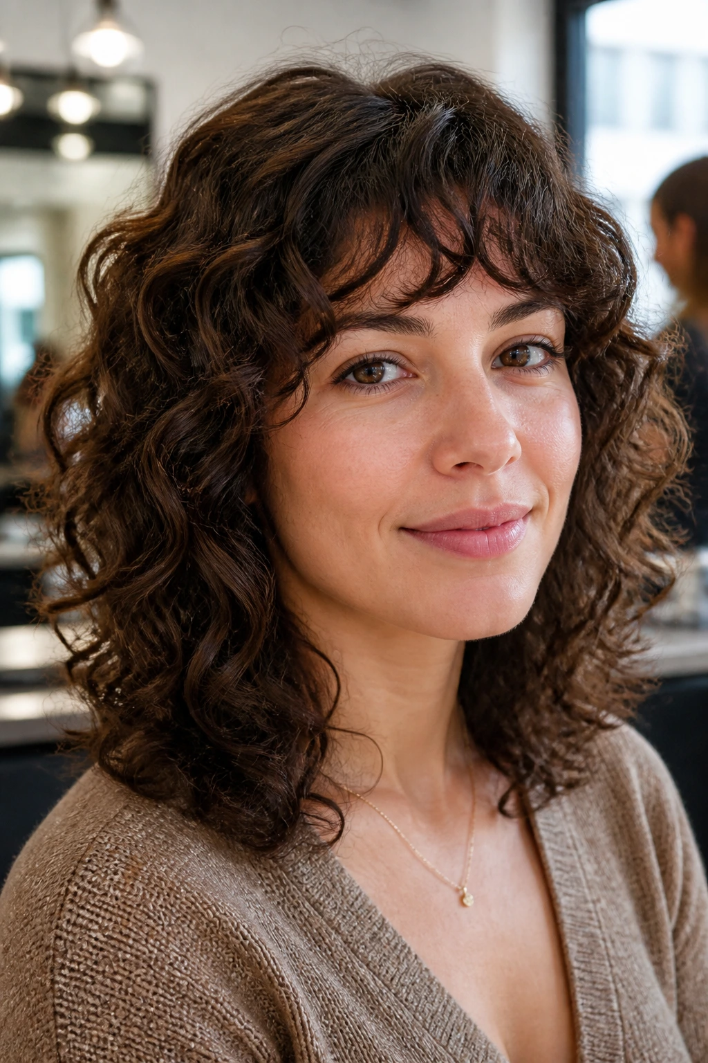 Close-up of a real woman with shoulder-length curly brown hair in warm salon lighting
