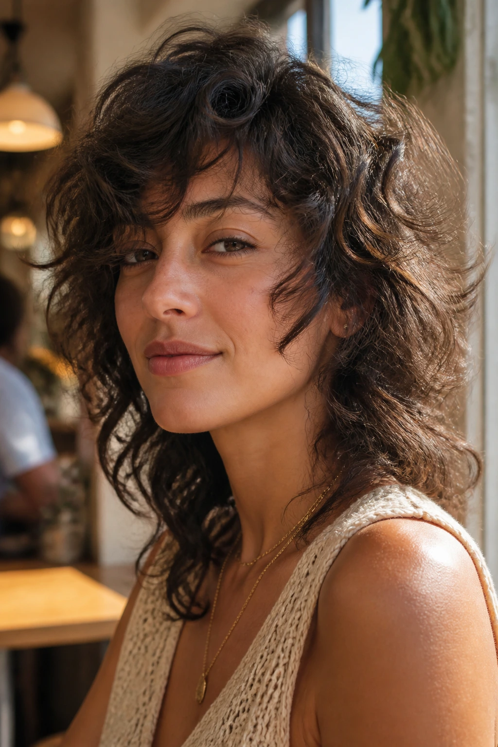 Close-up of a woman with side-swept curly shag and asymmetrical layers