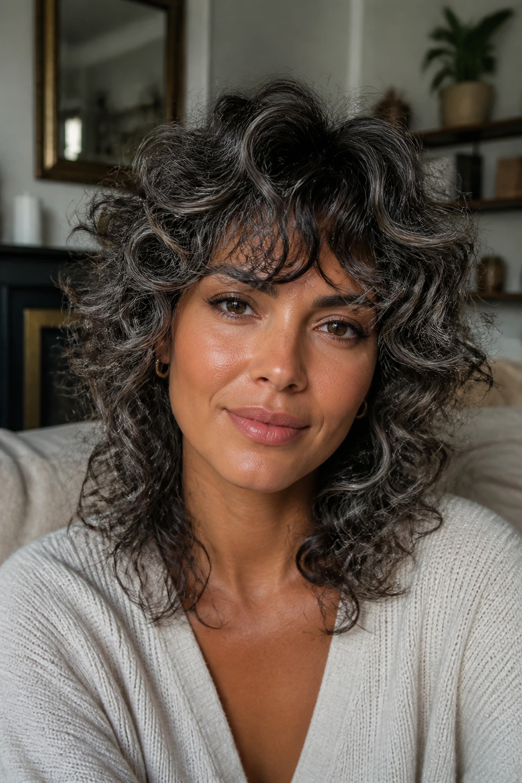 Close-up of a real woman with curly shag and silver mist highlights on tan skin