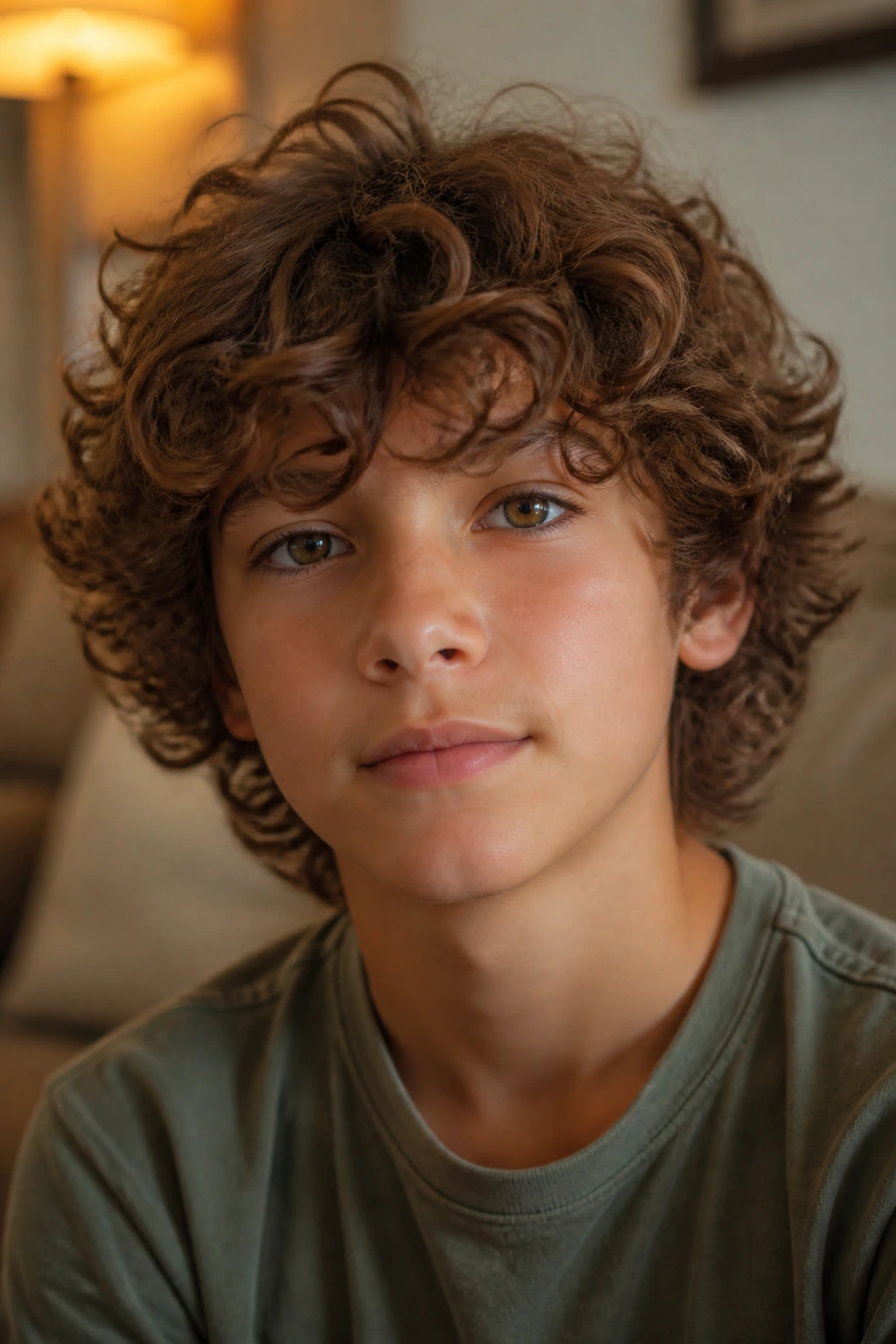Close-up of a preteen boy's curly shag with soft layers