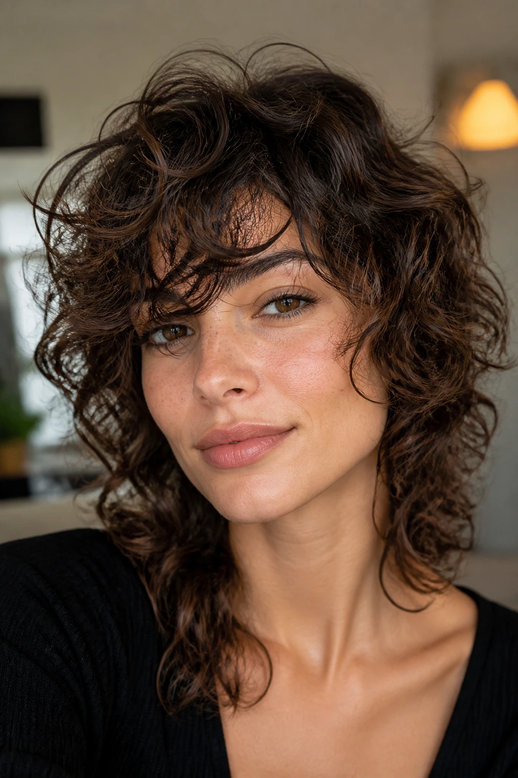 Portrait of a person with curly shag and windblown bang