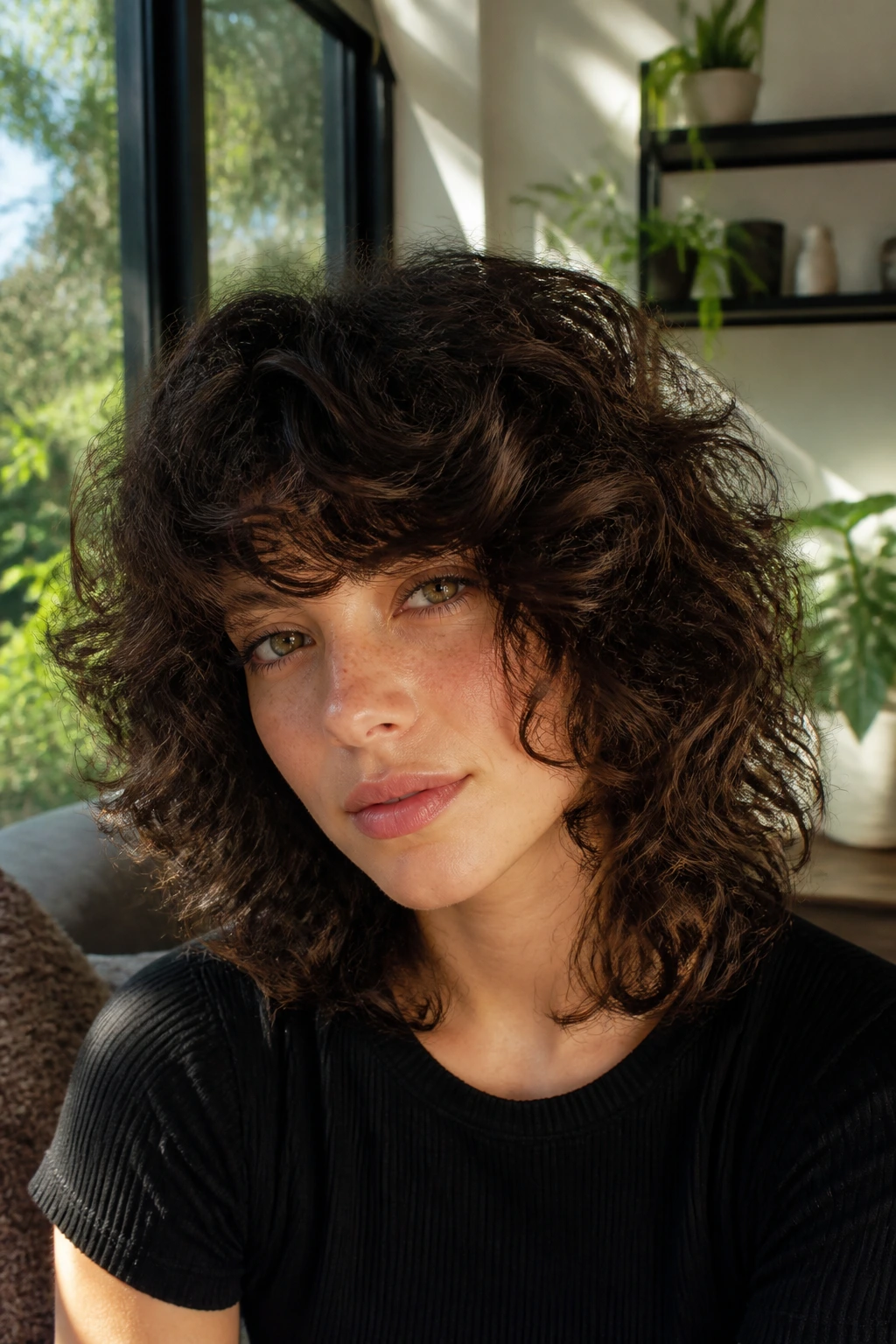 Close-up of a real person showing curly shag with side-swept bangs illustrating the concept