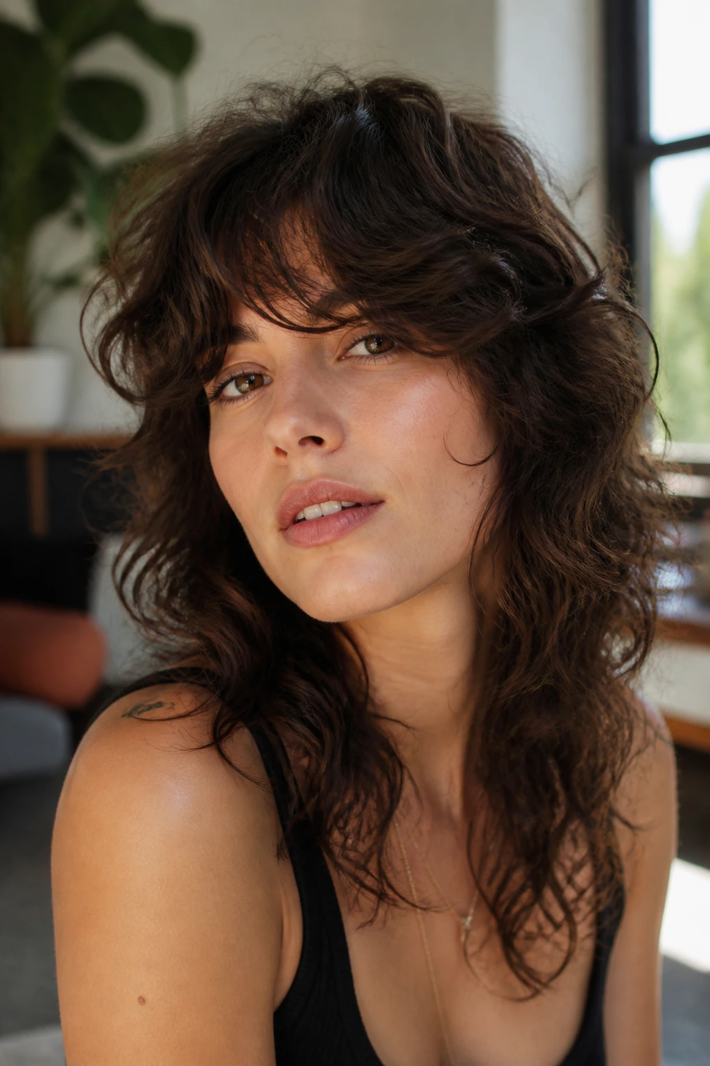Portrait of a person showing curly shag with side-swept bangs illustrating the concept