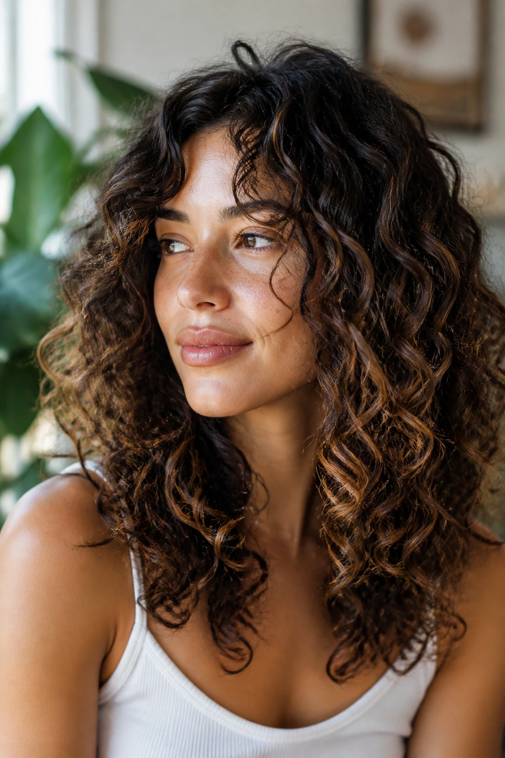 Portrait of a person with a balanced curly cut designed to breathe beachy waves