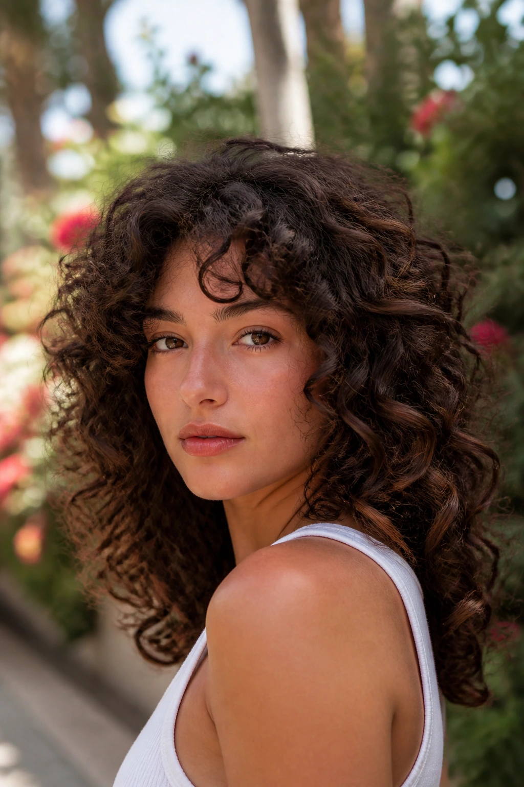 Real person with curly shape cut and longer perimeter, curls defined