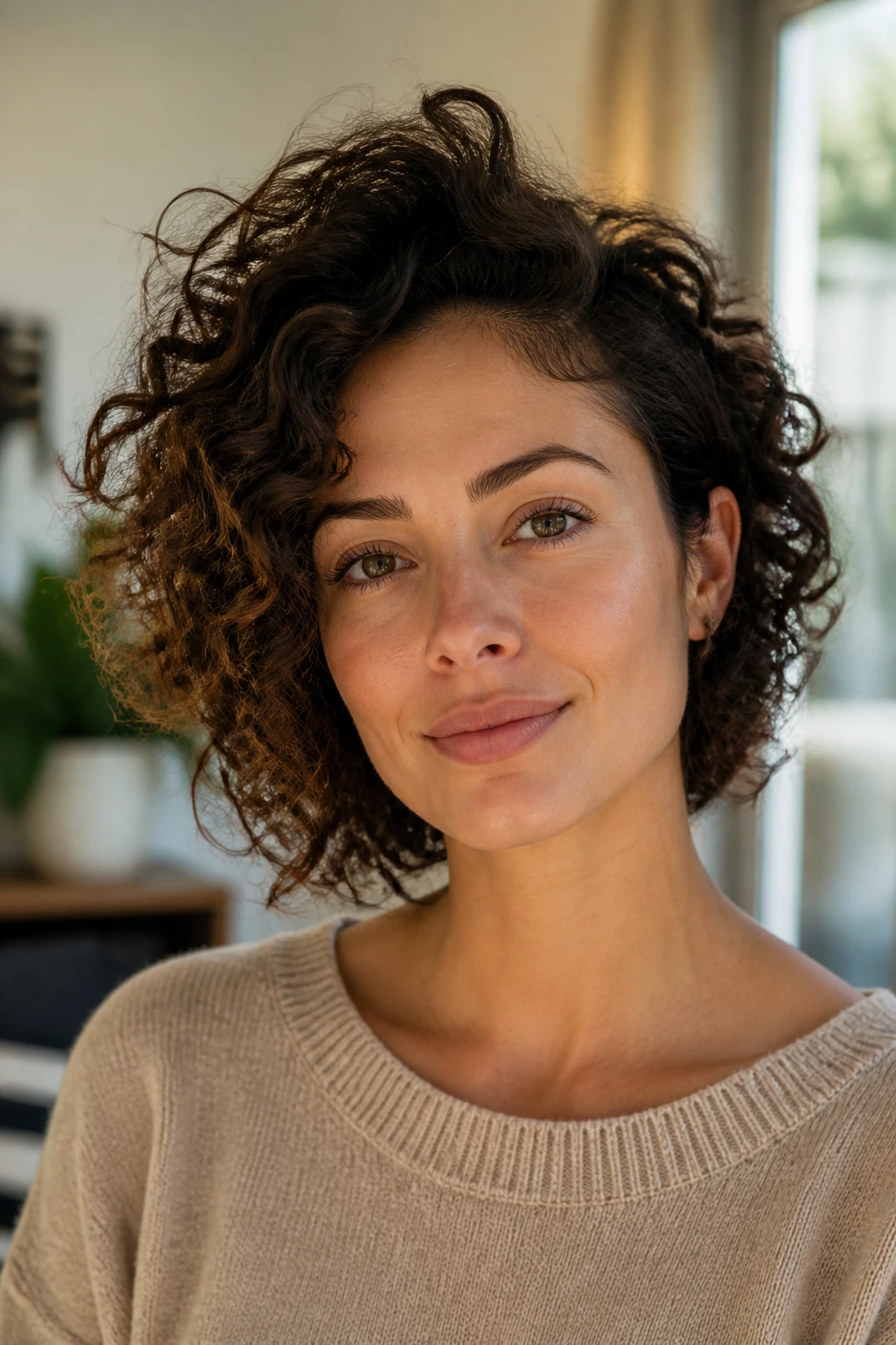 Close-up of a woman with a curly hairstyle that adds crown height and soft jawline