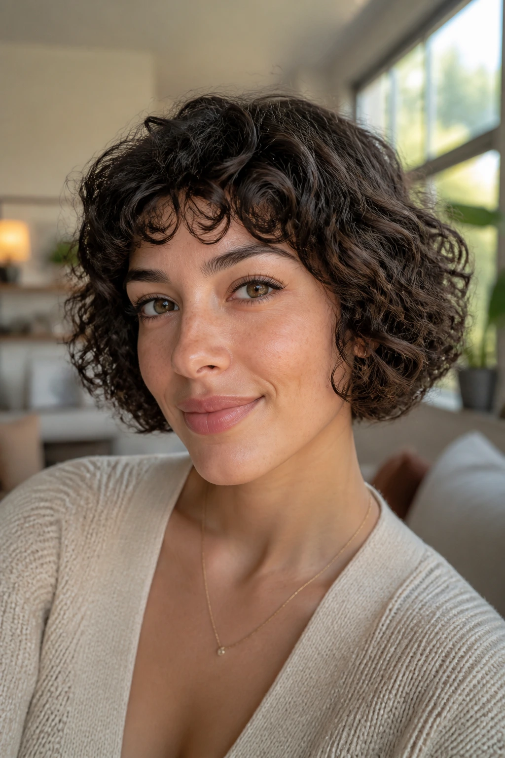 Close-up of a real person with rounded curly shapes around the jawline.