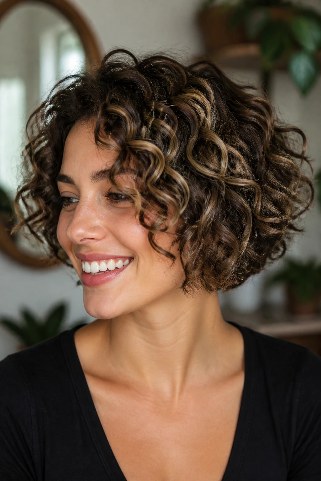 Close-up of real woman with curly short bob and ribbon babylights