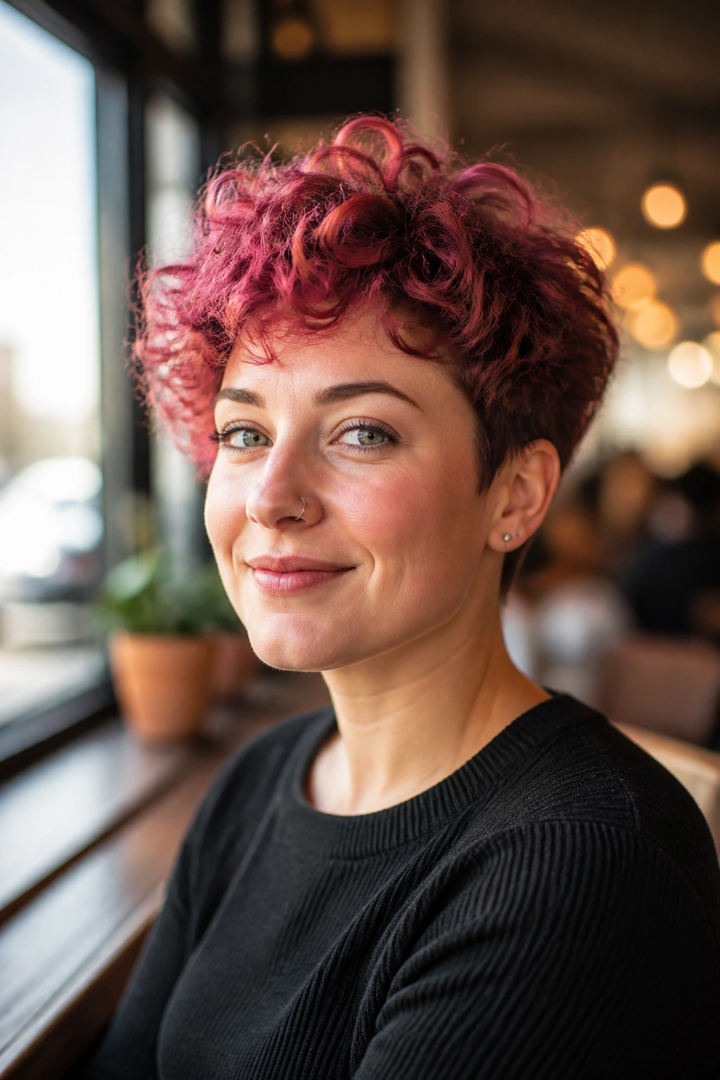 Close-up portrait of a real woman with short curly color-treated hair in a cafe setting