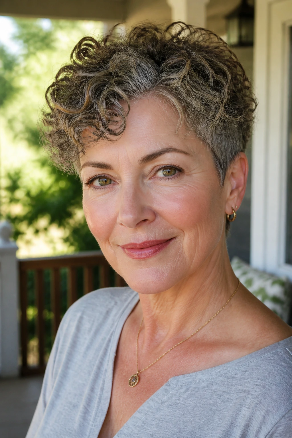 Portrait of a real woman with a curly short crop hairstyle