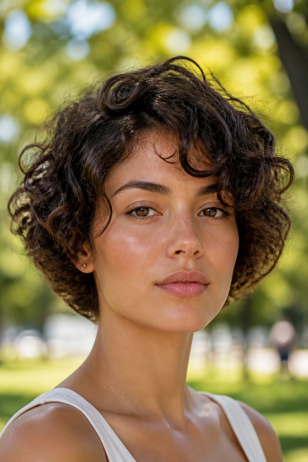 Portrait of woman with curly short cut and width at the cheekbones