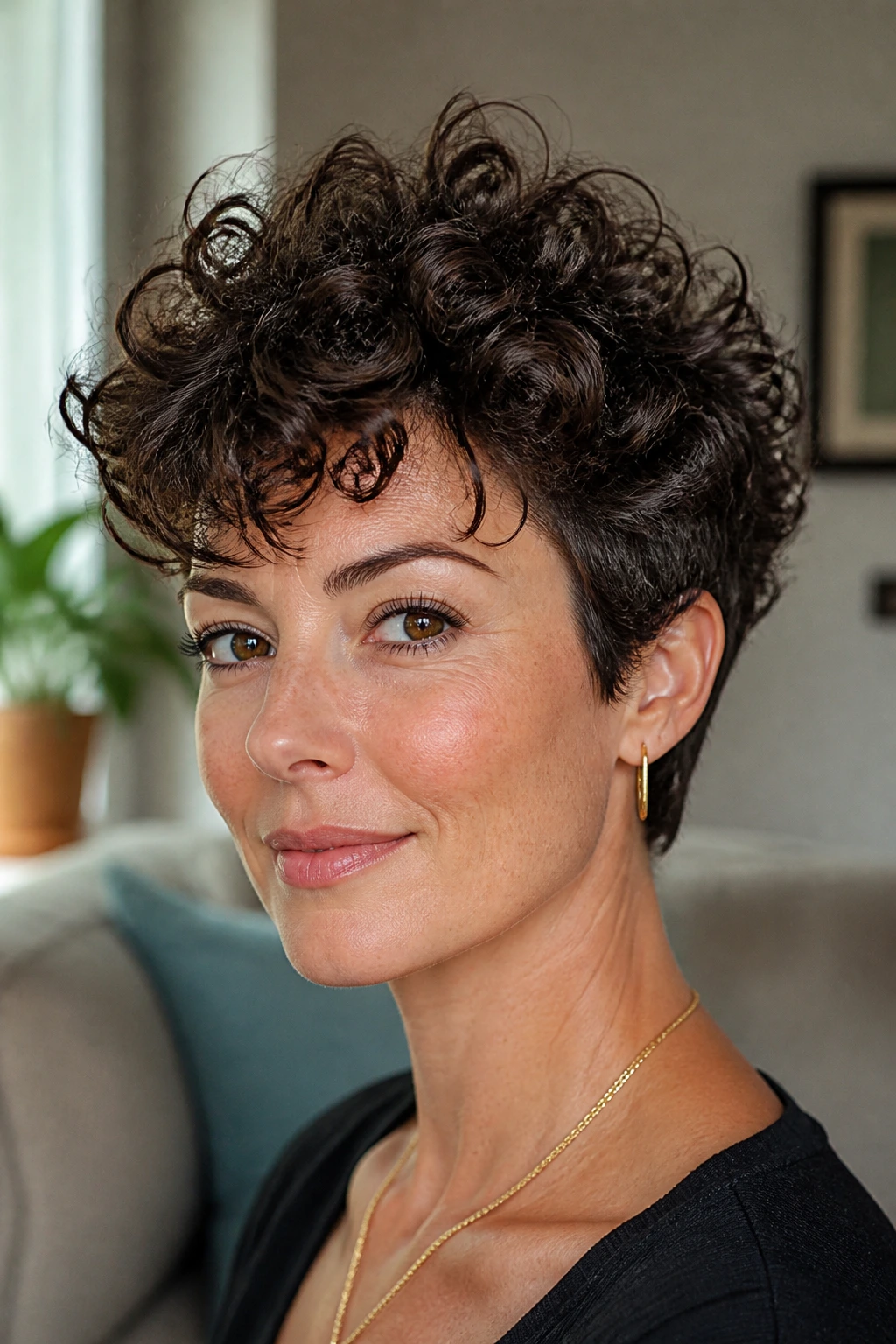 Close-up of a real woman with a curly short cut and crown lift.
