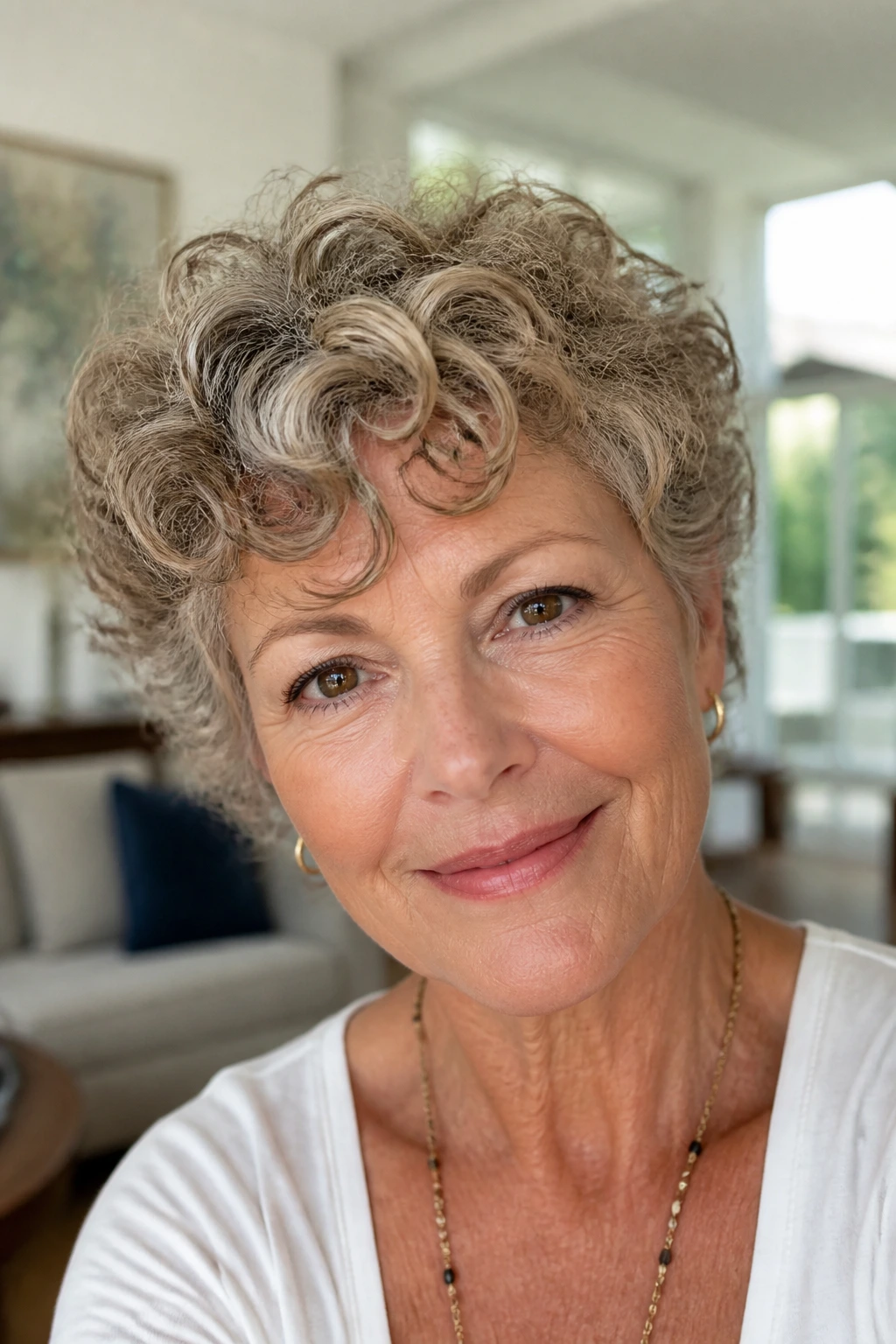 Portrait of a woman with curl-first crop showing textured short hair