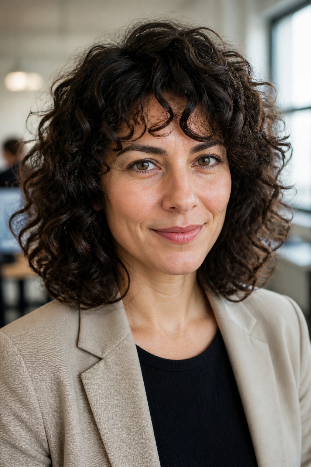 Close-up portrait of a real woman with curly shoulder cut mapping curls for a neat office look