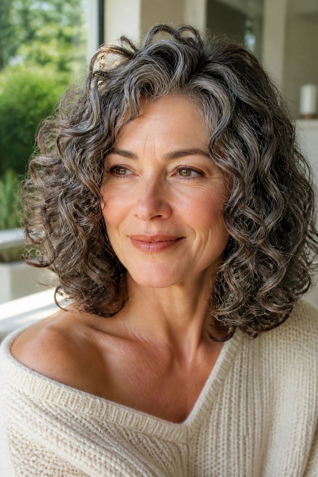 Close-up portrait of a woman with shoulder-length curly hair and shaped bottom.