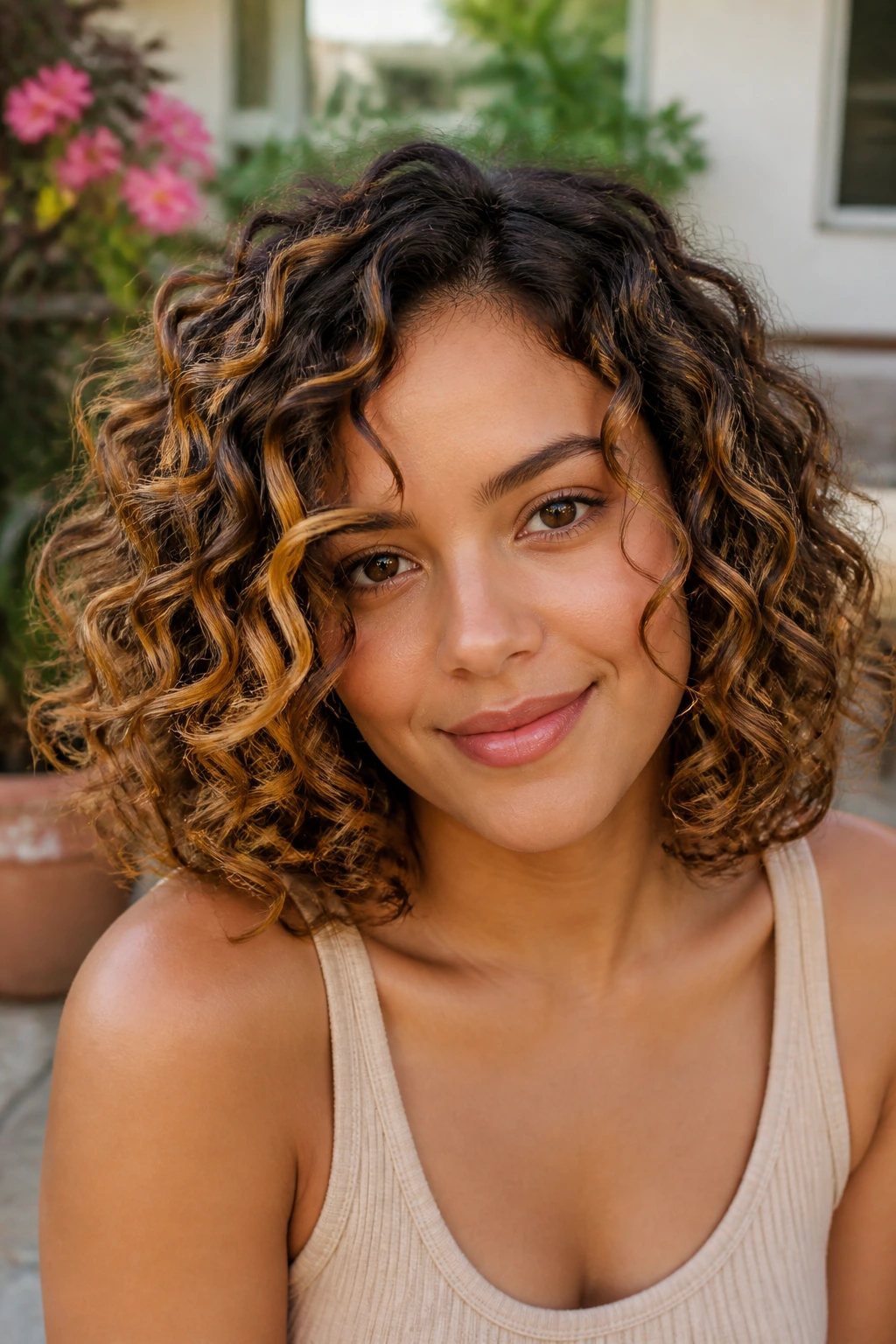 Close-up of a real woman with curly shoulder-length hair and caramel ribbon highlights