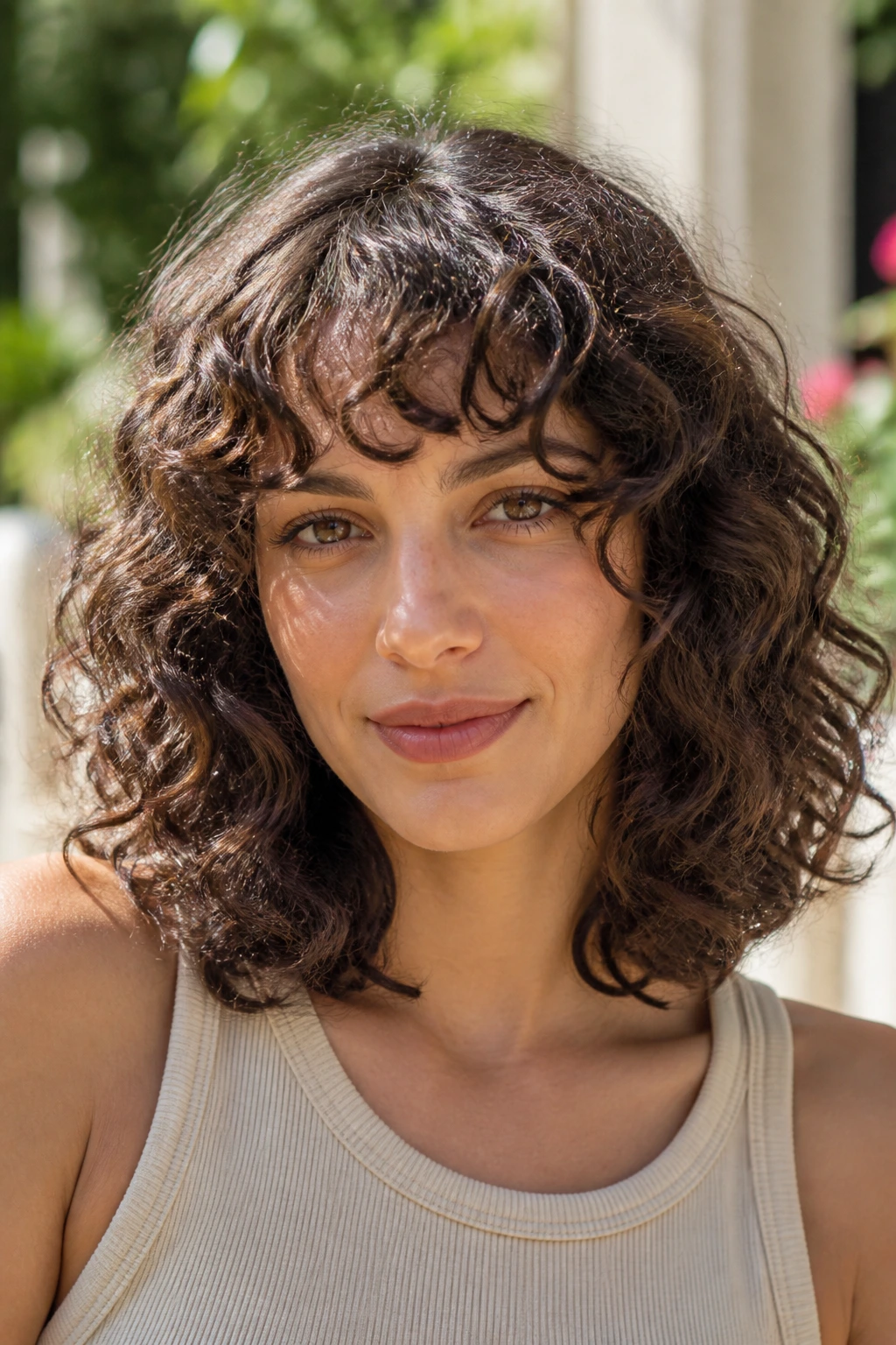 Portrait of a person with curly shoulder-length layers and curved bangs outdoors