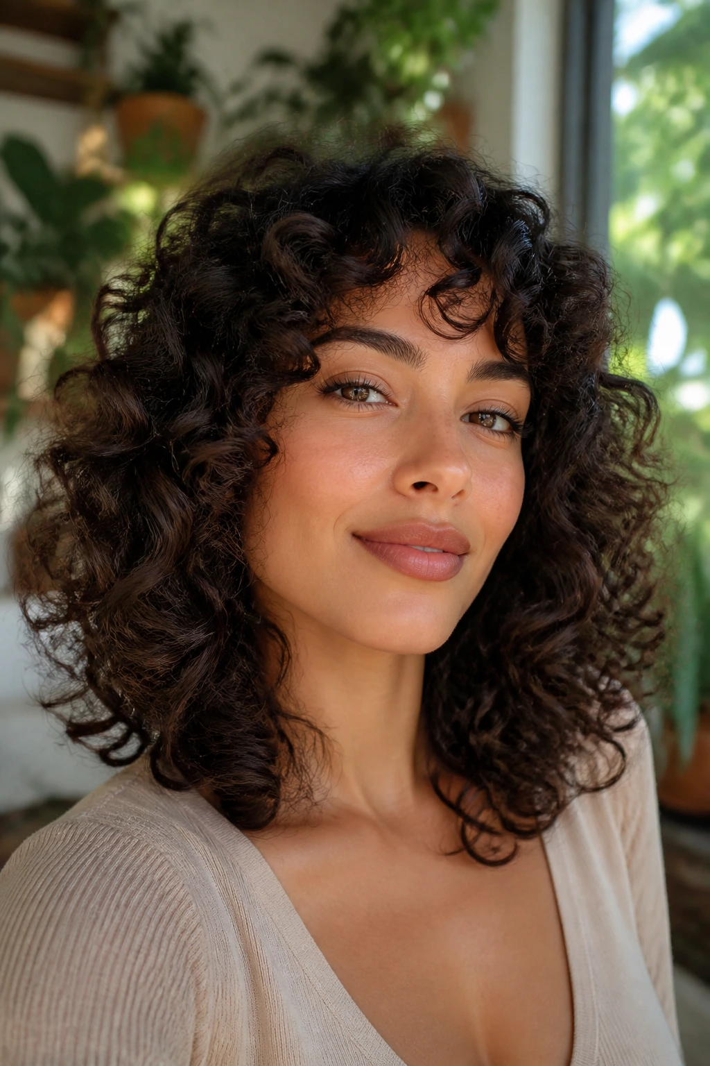Real woman with curly shoulder-length layers showing defined curls