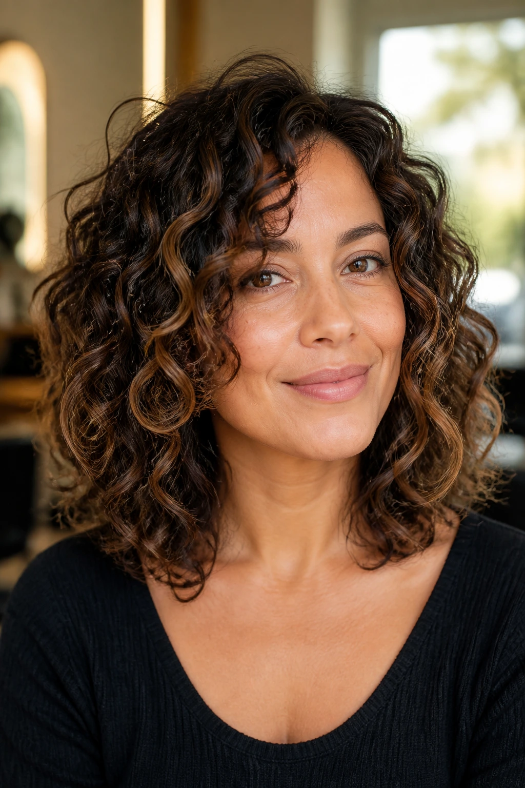 Close-up of a person with shoulder-length curly layers around the mouth
