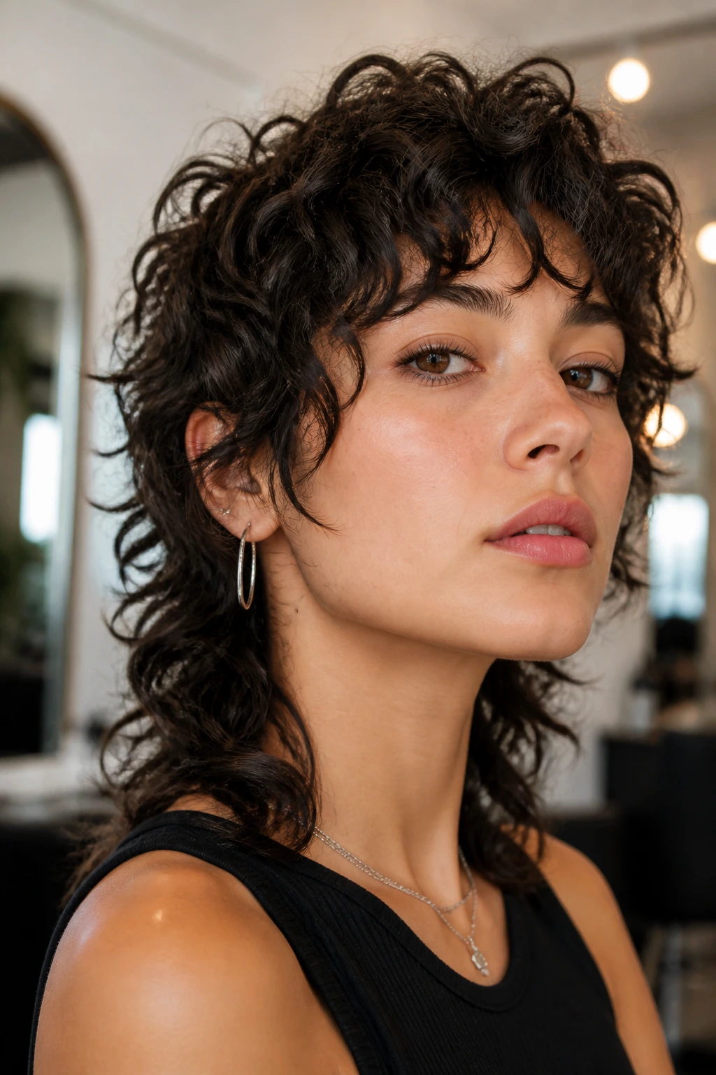 Close-up portrait of a real person with the curly shullet showing front-framed curls.