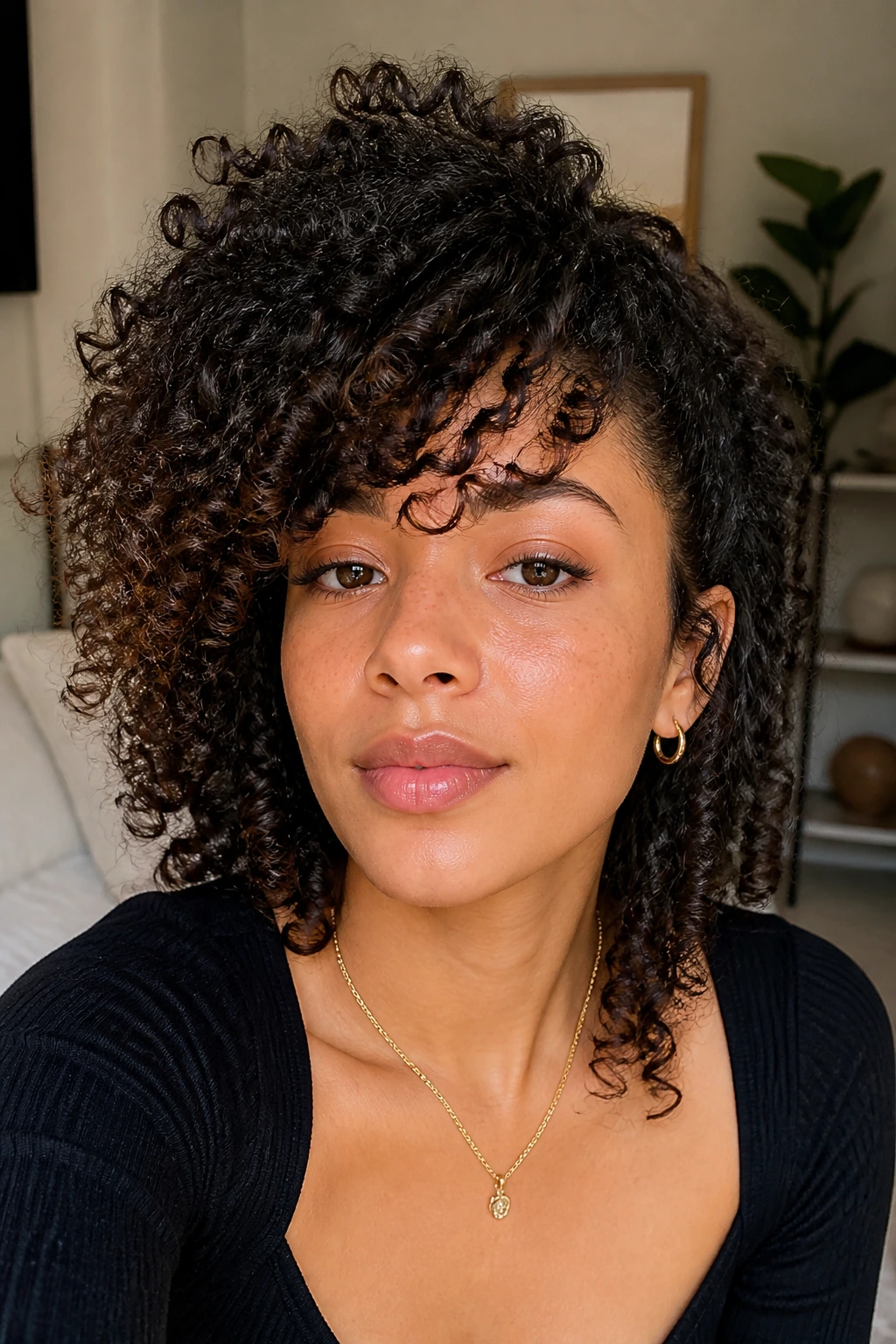 Close-up of a real woman with curly coily side fringe in soft arc