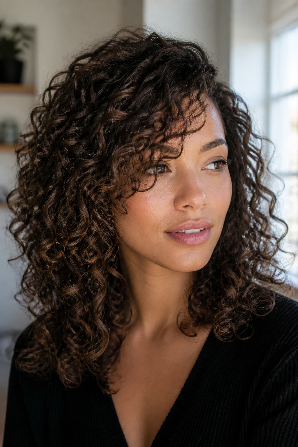 Portrait of a woman with curly side-part cut and blended bangs