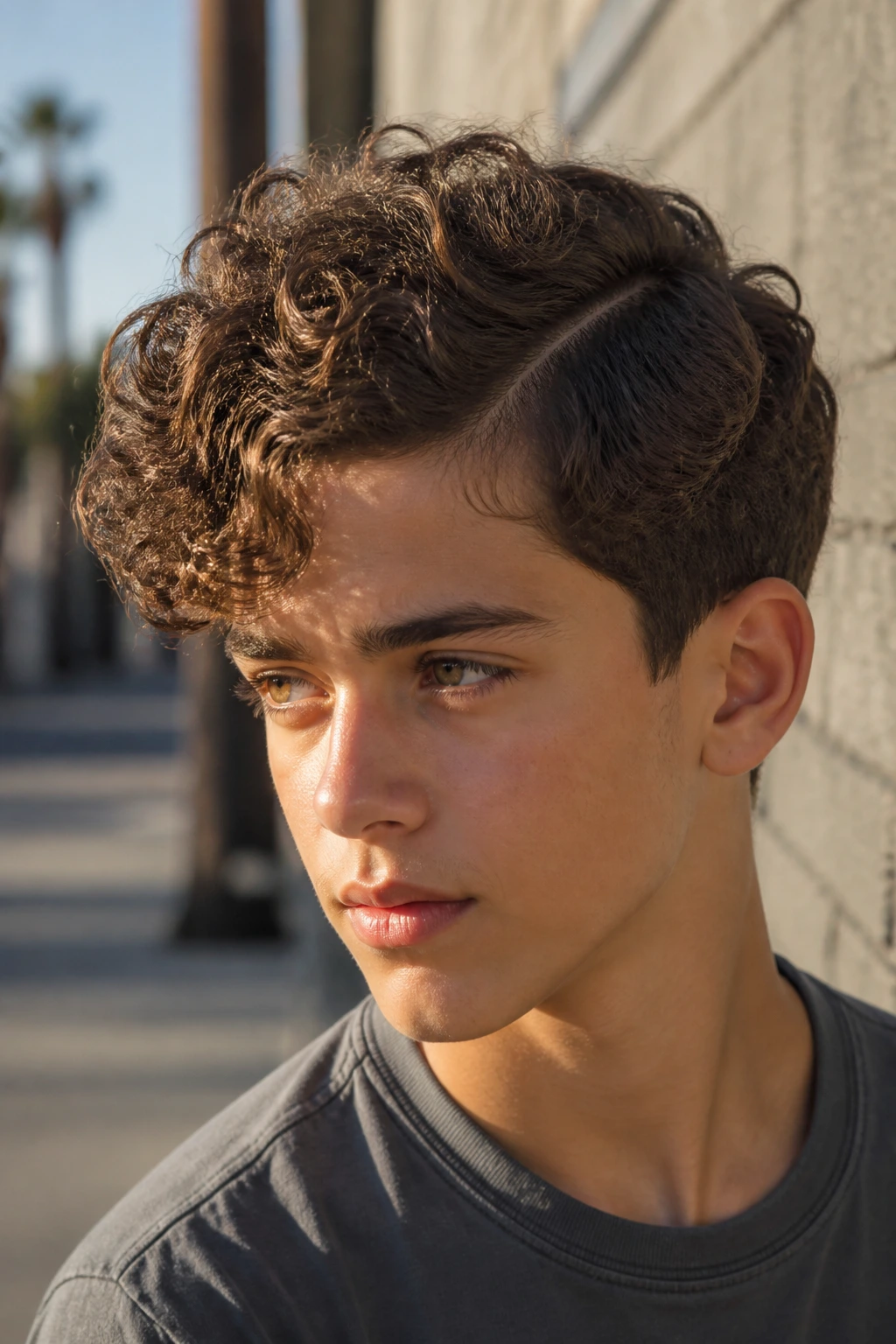 Close-up of real boy with curly side part outdoors