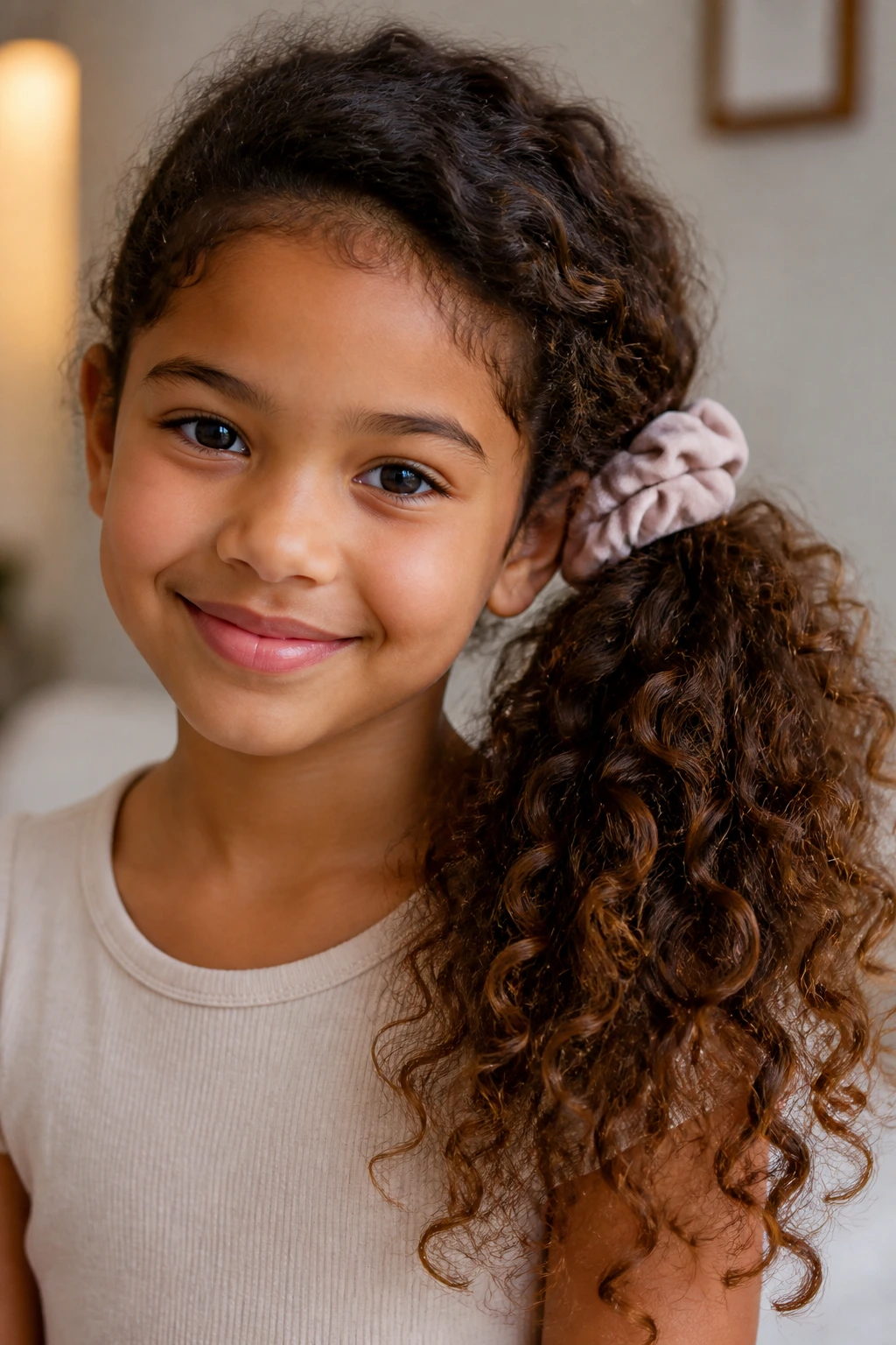 Portrait of a girl with a side ponytail secured by a scrunchie and curls spilling over the shoulder