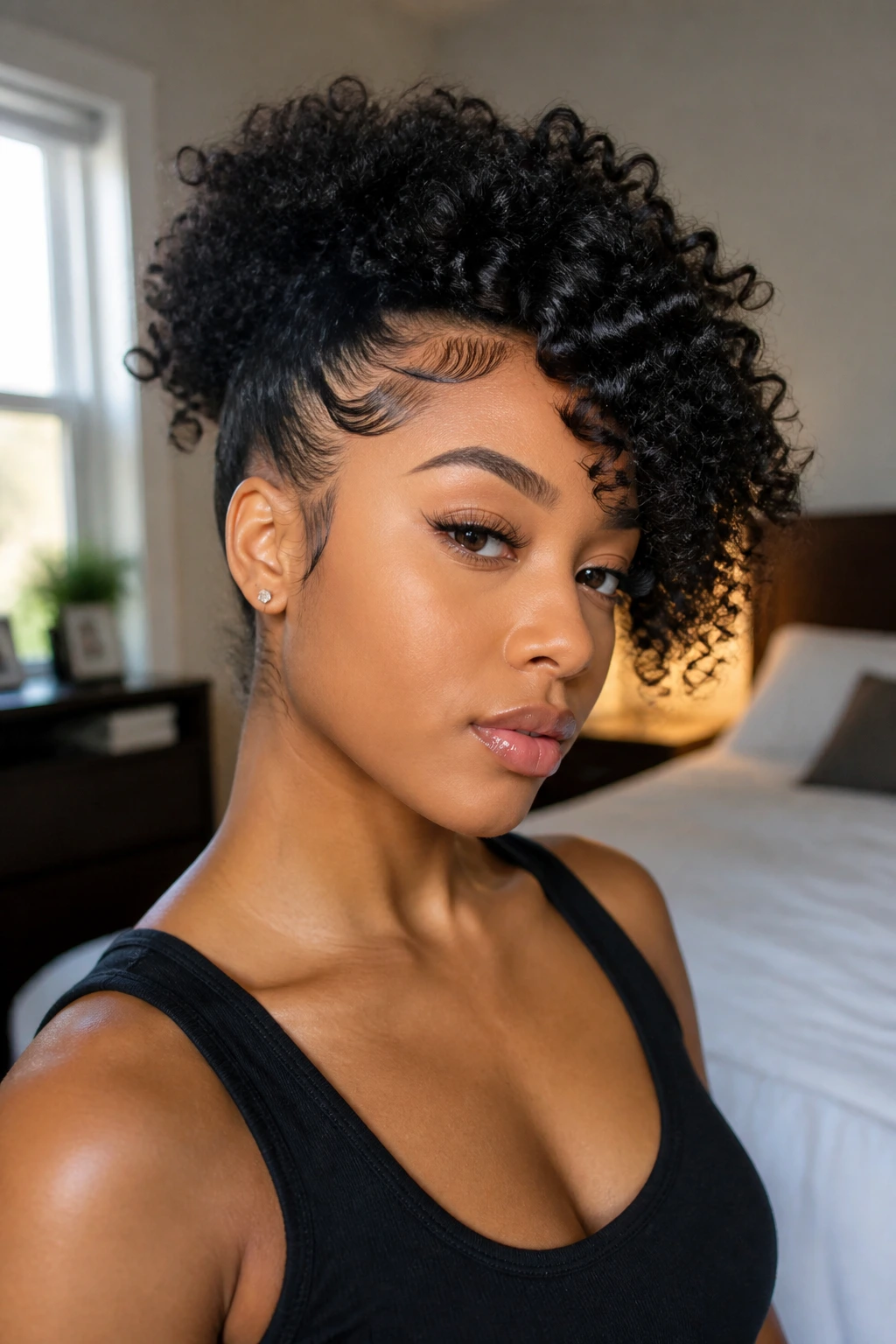 Close-up of curly side puff with defined edges on a real woman.