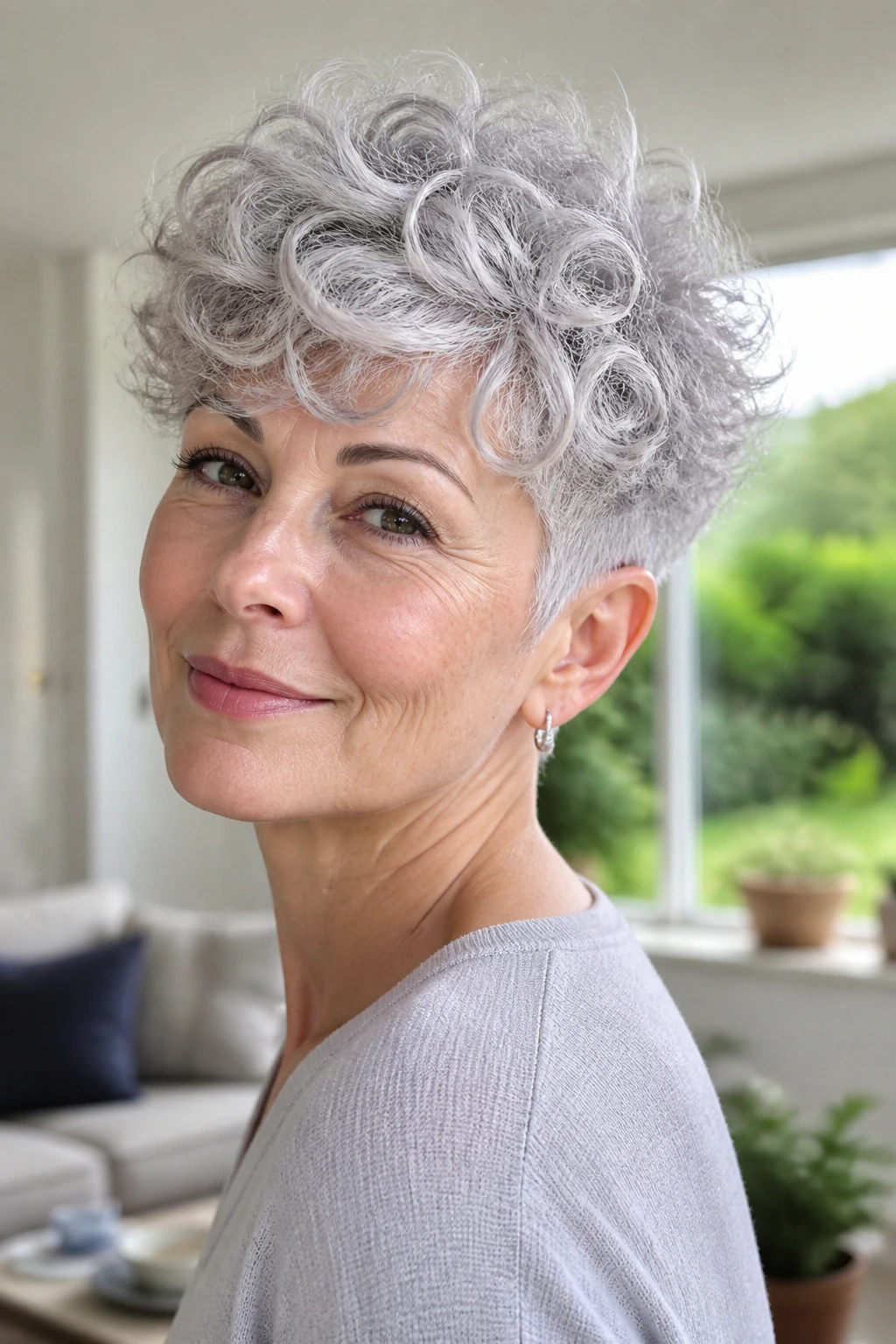 Close-up of a real woman with a curly silver crop and airy volume