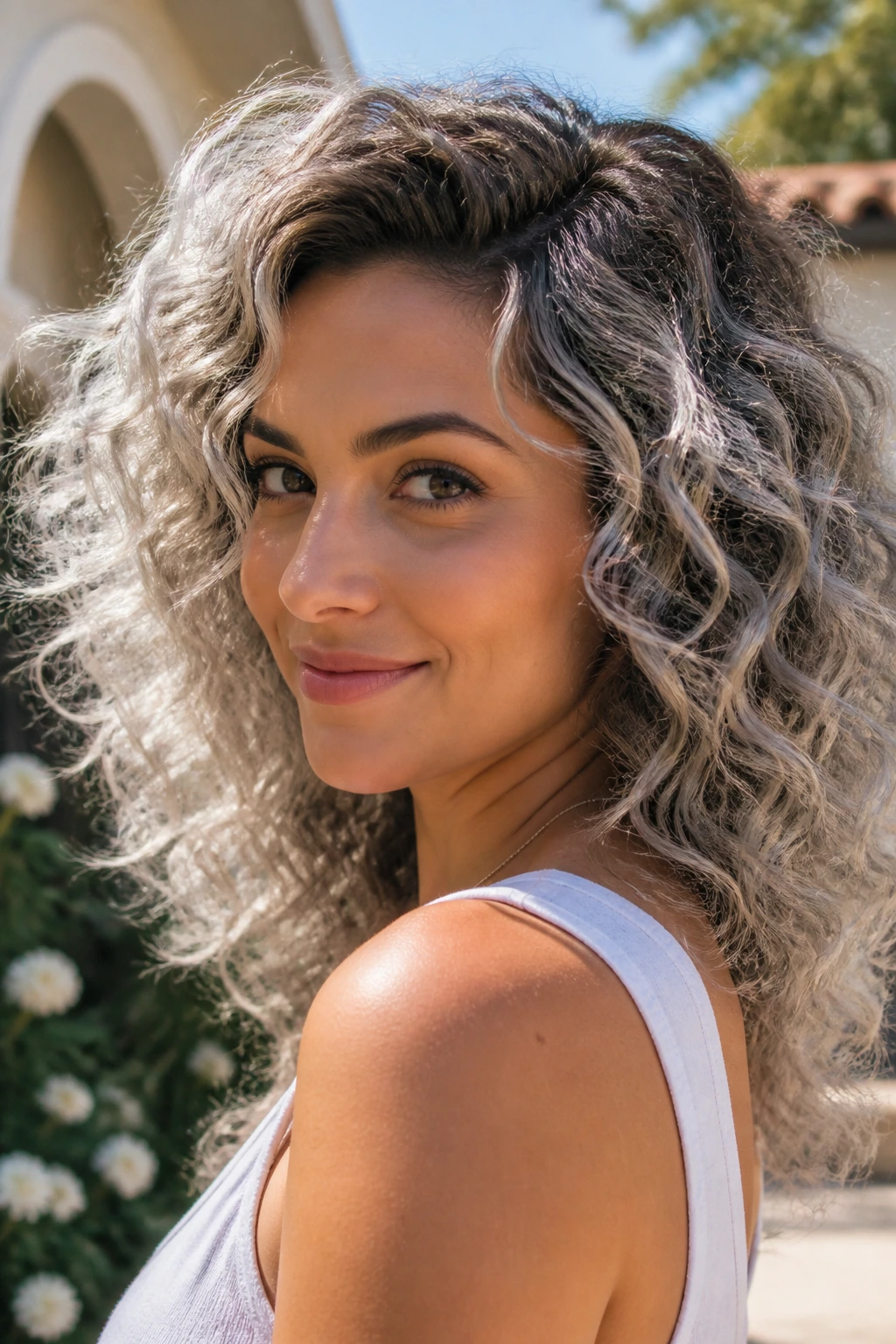 Close-up of a real woman with curly silver hair showing dimension