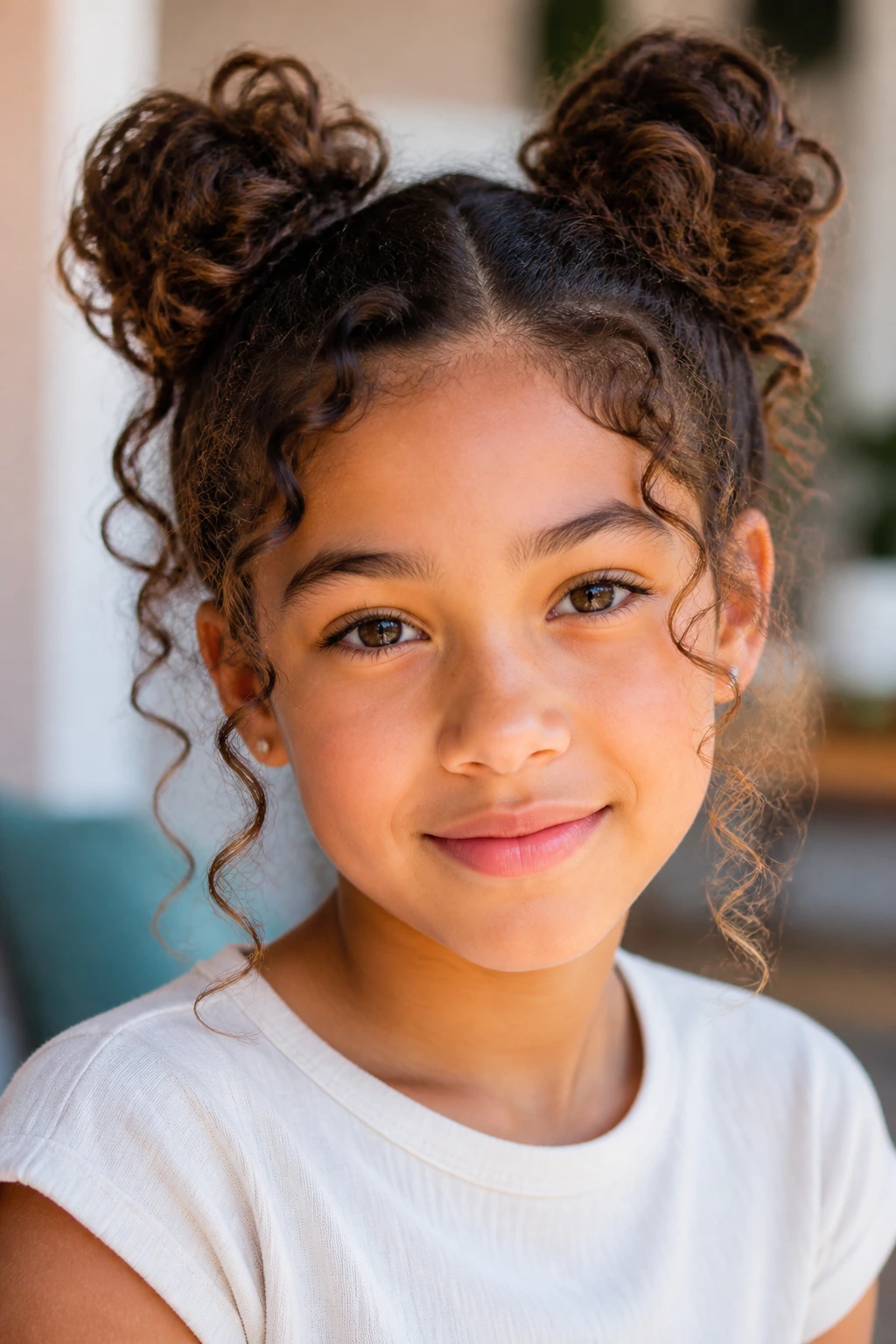 Girl with curly hair in two fluffy space buns.