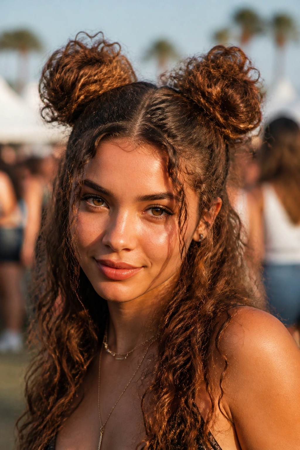 Close-up portrait of a woman with curly space buns at a festival outdoors.