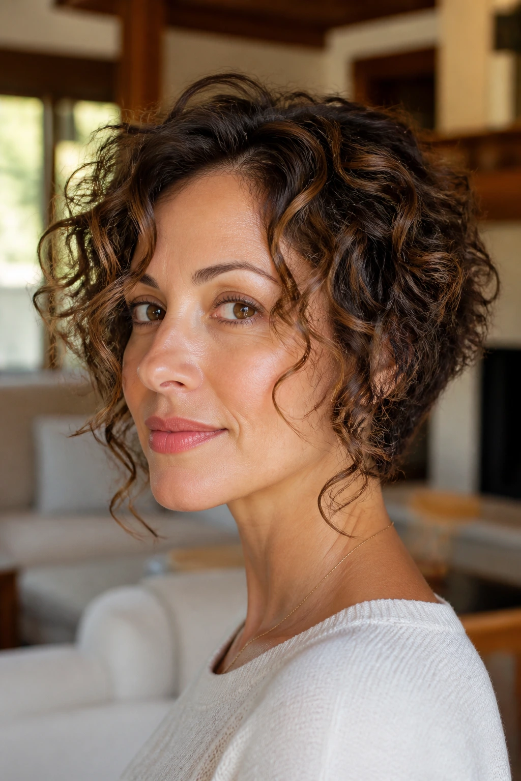 Close-up portrait of a real woman with a curly-friendly stacked bob and longer face-framing layers in a sunlit living room