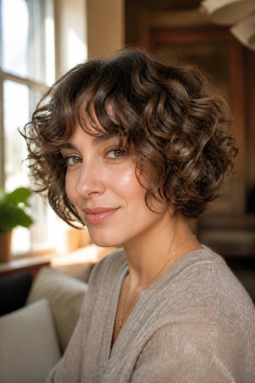 Portrait of a woman with curly stacked bob and curved curtain bangs.