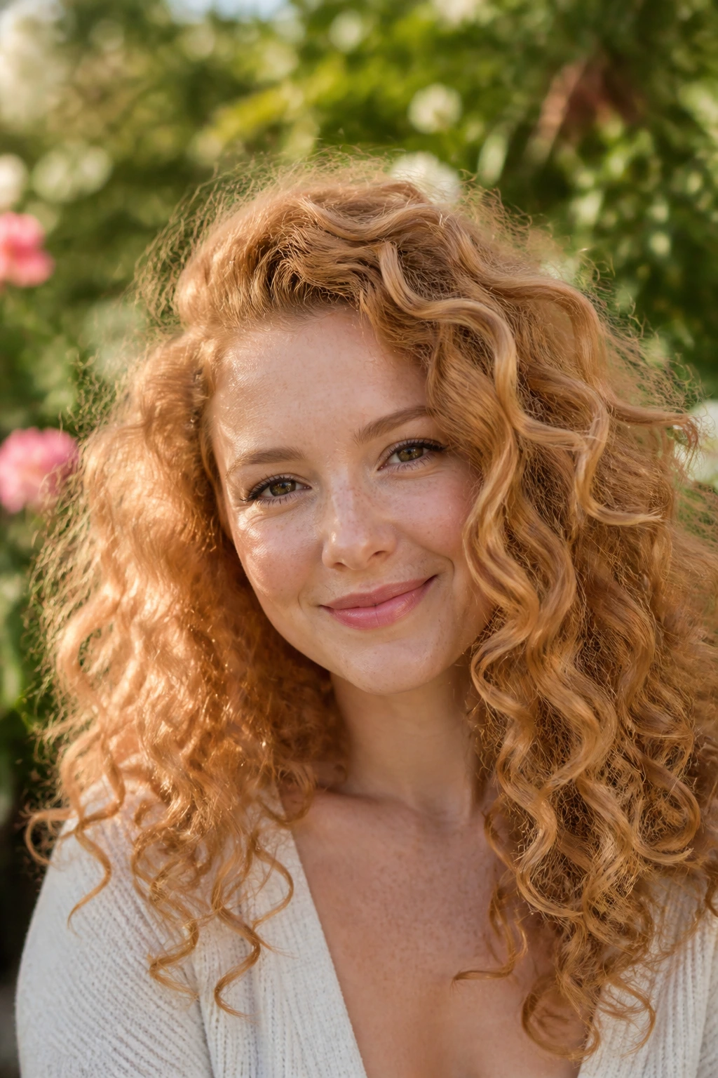 Close-up of a real woman with curly strawberry blonde hair and defined copper peach tones.