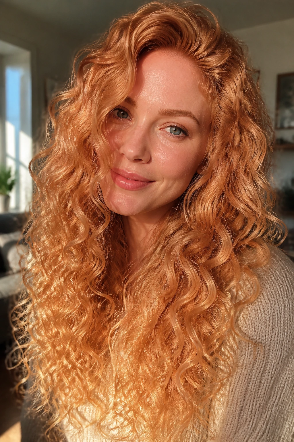 Close-up of a real woman with curly strawberry blonde hair showing copper roots and peachy shine